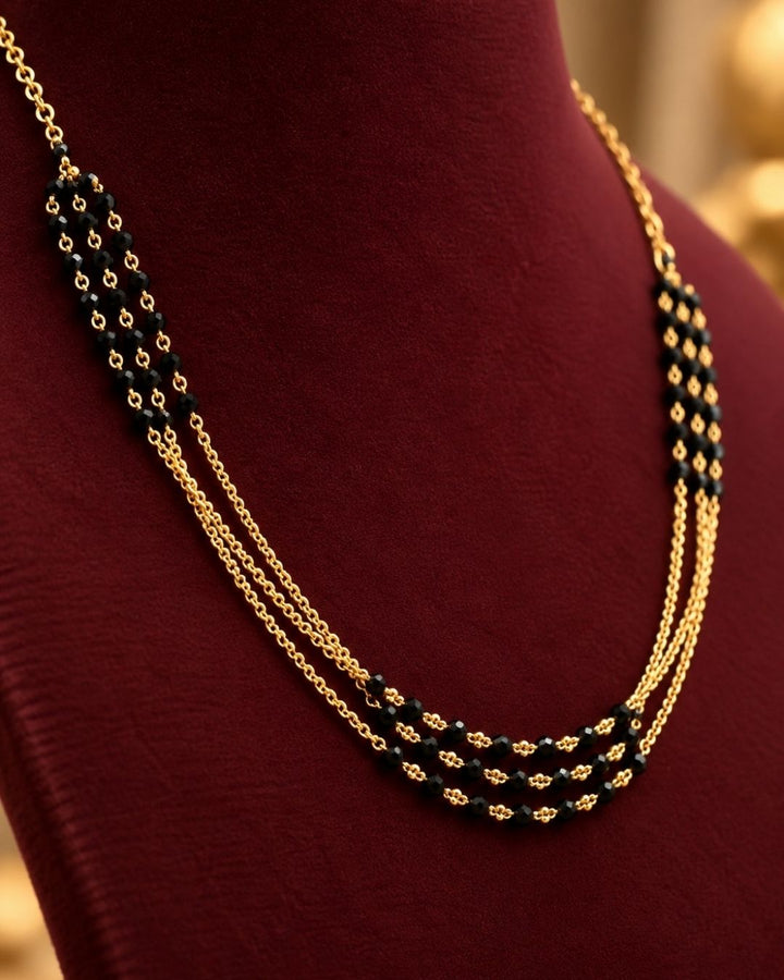 Gold Plated Three Layer Black Beads Chain