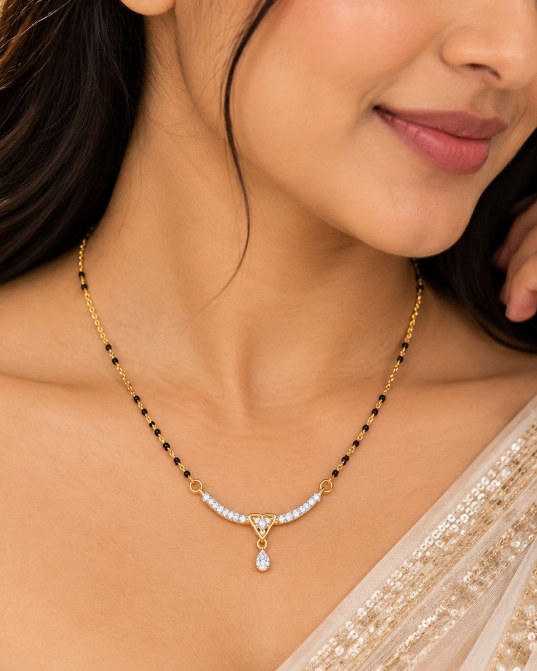 Zircon Diamond Gold Plated Sparkling Tear Drop Mangalsutra