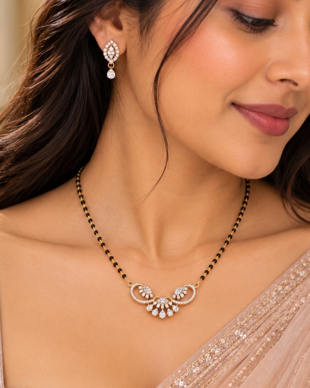 Zircon Diamond Gold Plated Classic Black Beaded Mangalsutra Set
