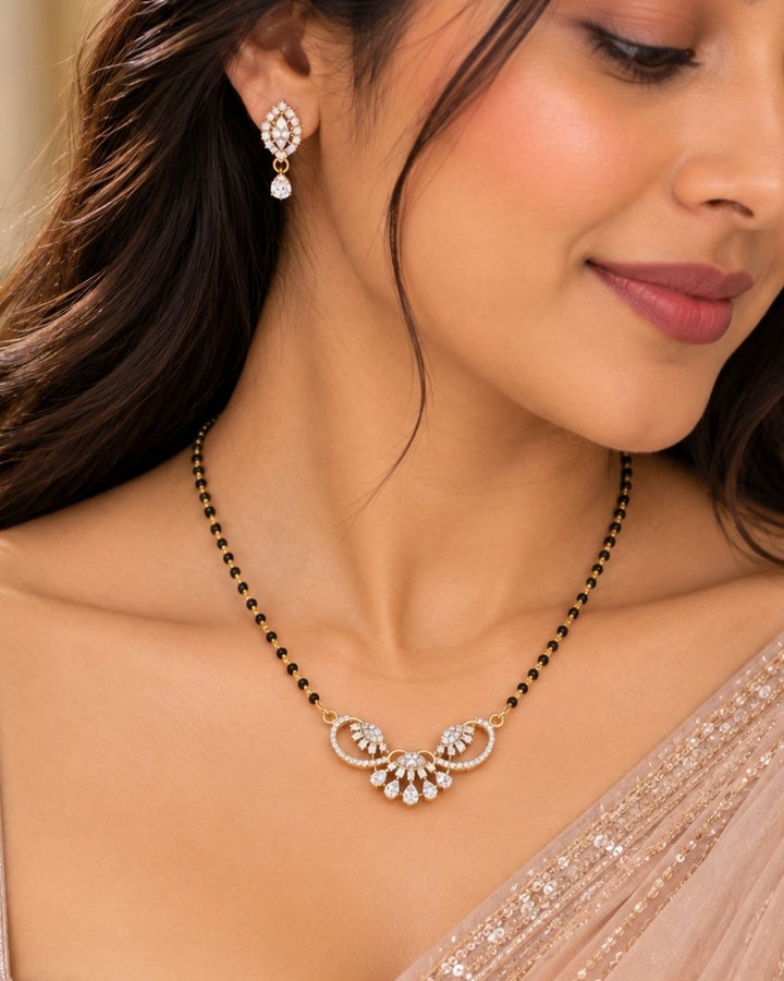 Zircon Diamond Gold Plated Classic Black Beaded Mangalsutra Set