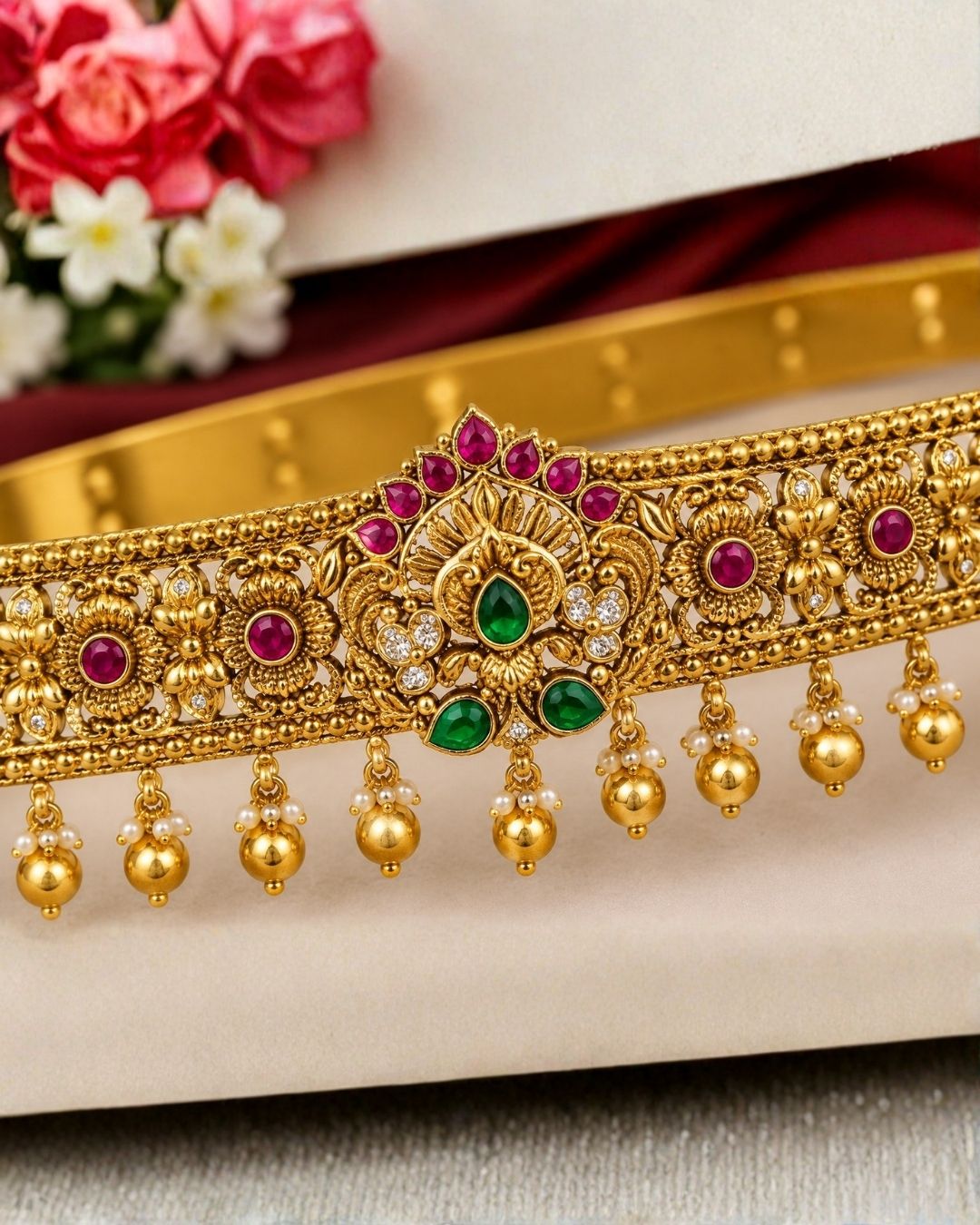 Gold Plated Hip Belt with Floral Detailing, Ruby and Green Stone