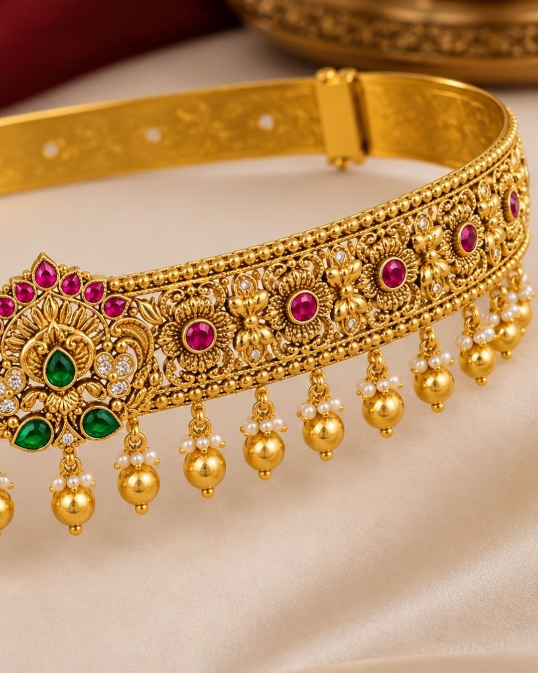 Gold Plated Hip Belt with Floral Detailing, Ruby and Green Stone