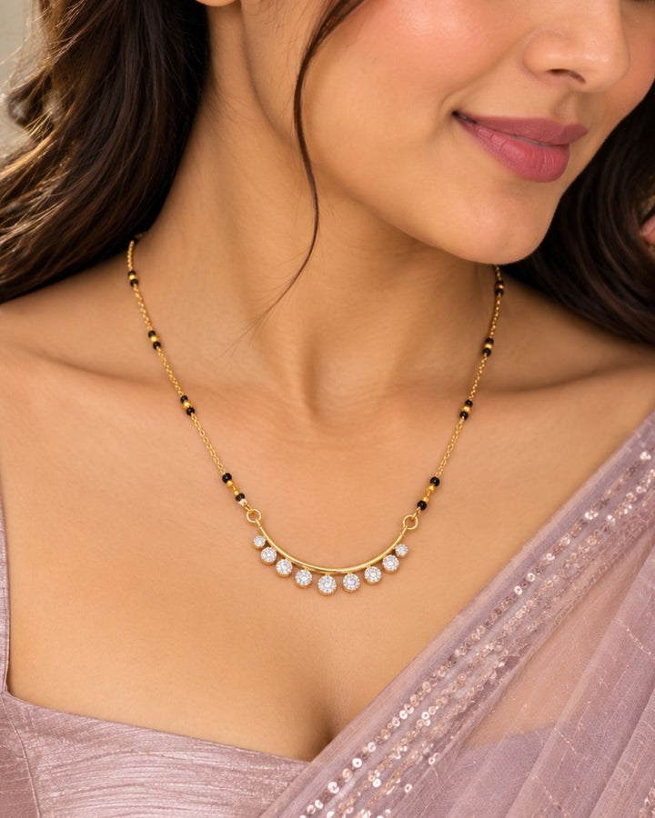 Zircon Diamond Gold Plated Crescent Shape Mangalsutra
