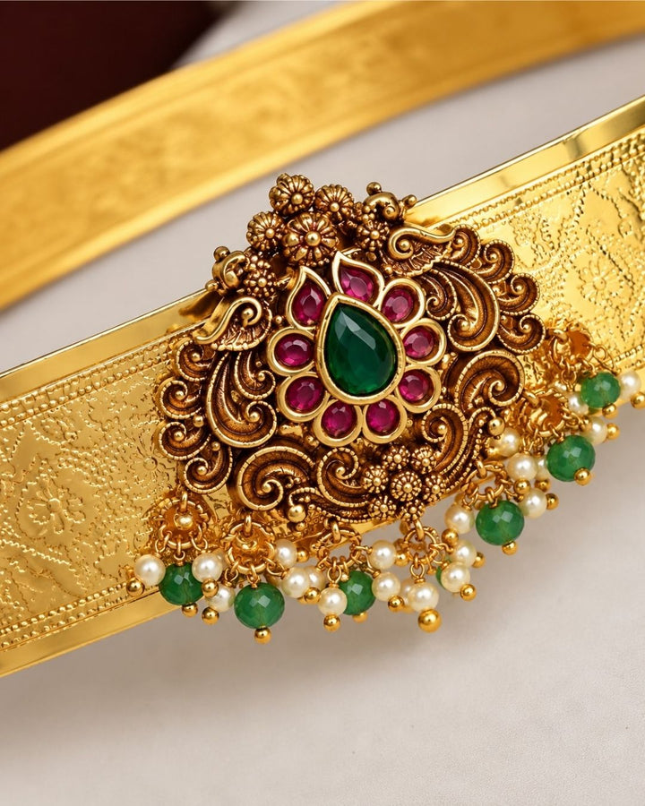 Gold Plated Engraving Floral Ruby Green Stone Kids Hipbelt