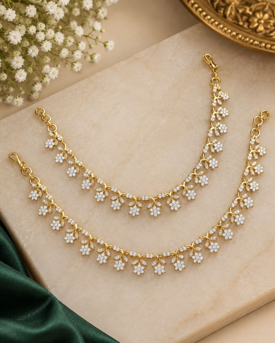 Zircon Diamond Gold Plated Flower Design Earchains