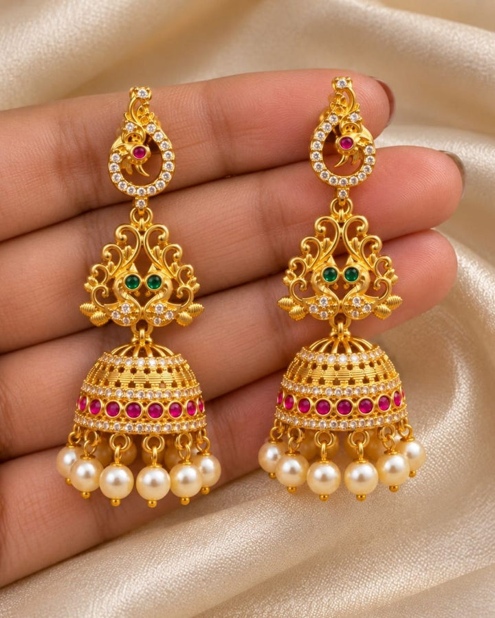 Gold Plated Peacock Pearl Drop Jhumkas