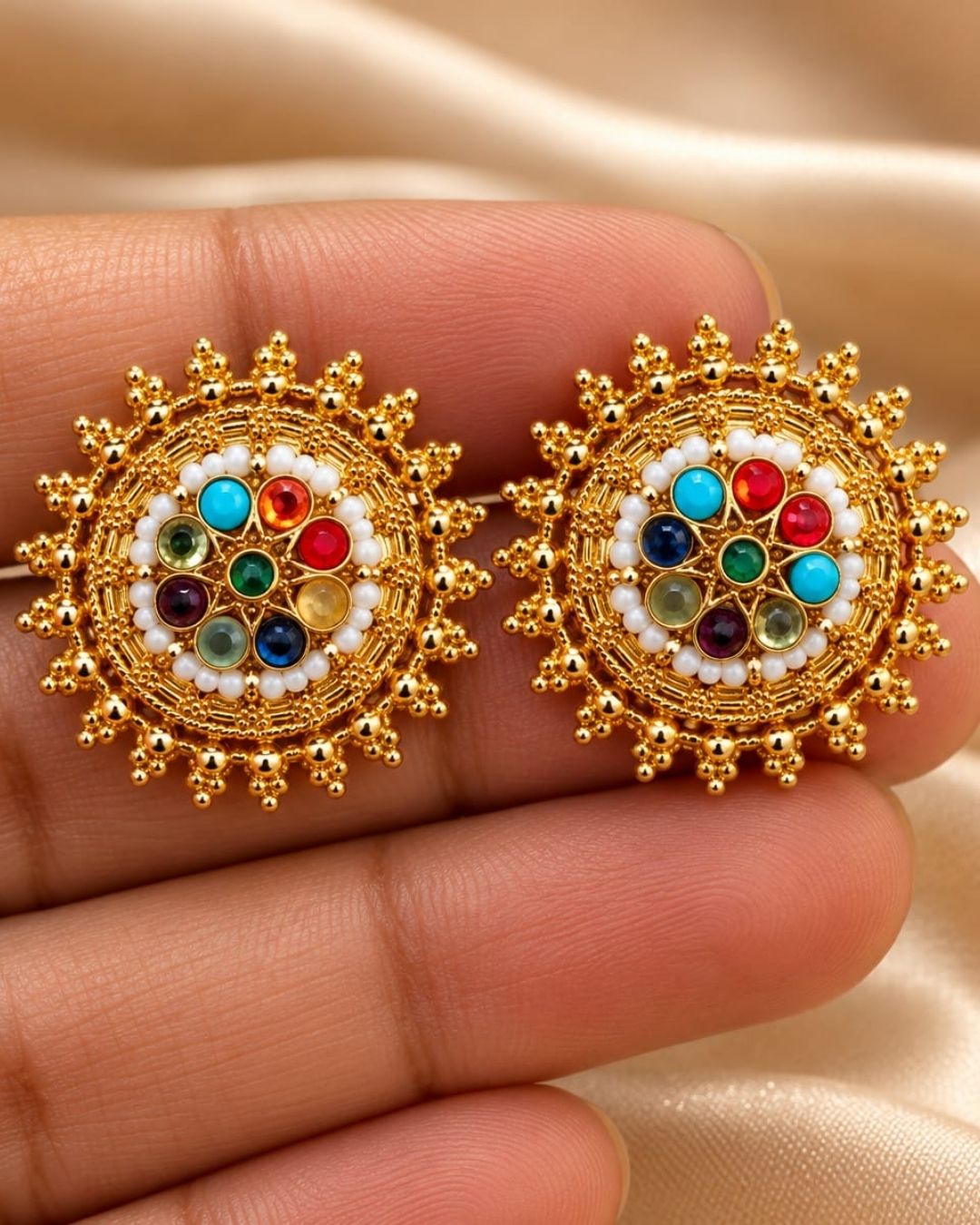 Traditional Gold Plated Navaratna Studs Earrings