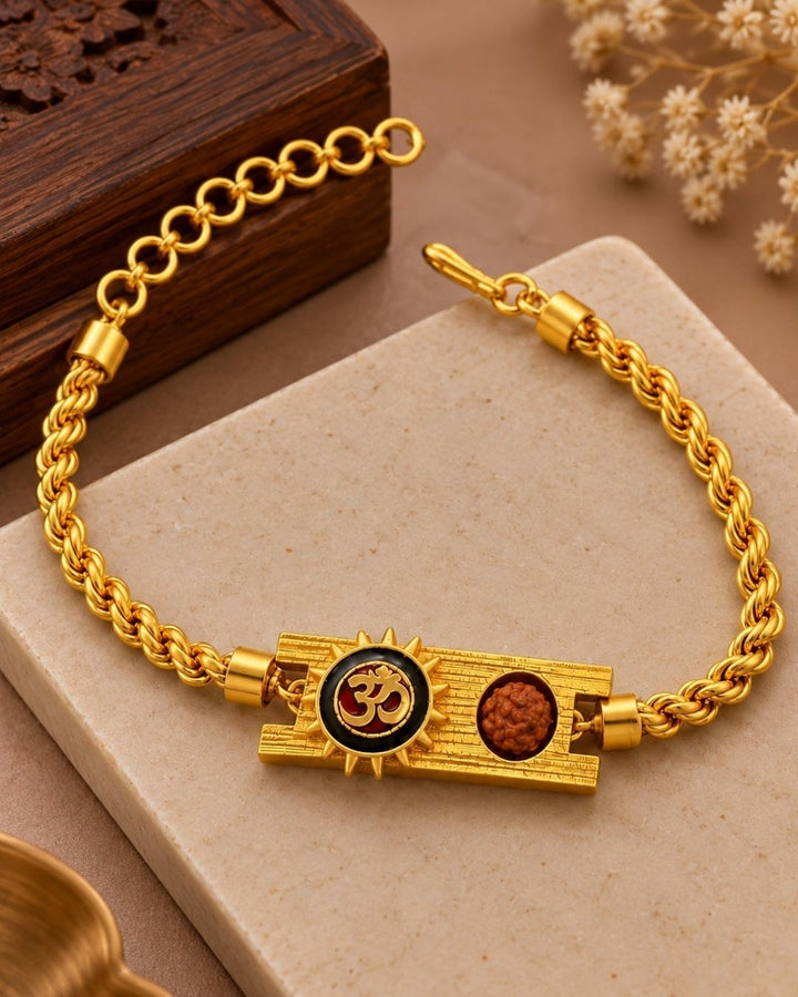 Gold Plated Men’s Bracelet with Om Symbol and Rudraksha
