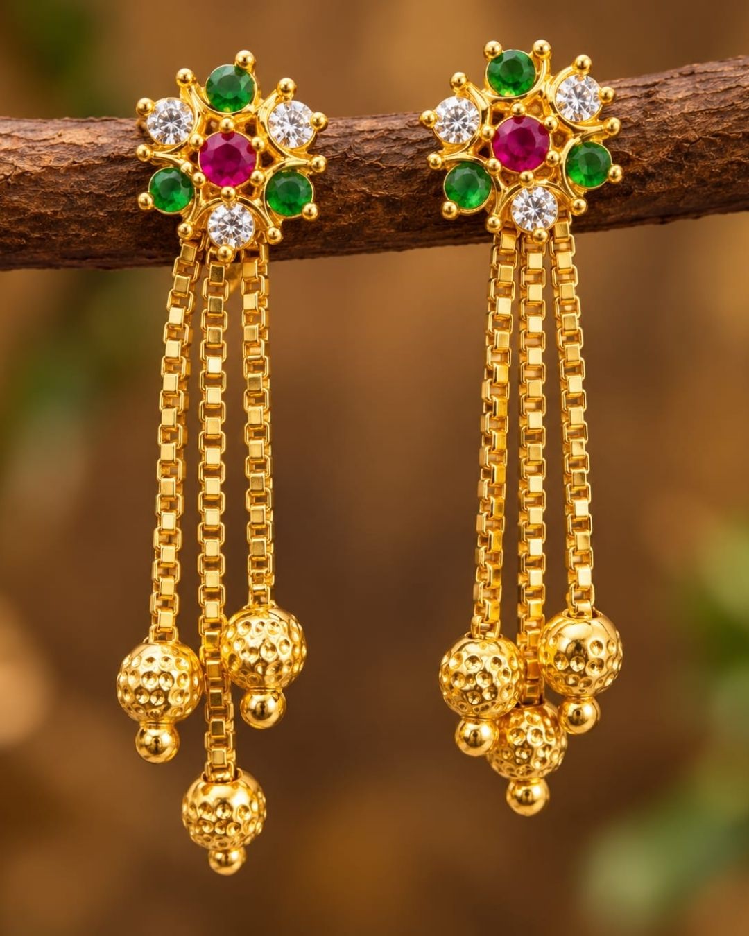 Gold Plated Ruby Green Stone Chain Drop Earrings