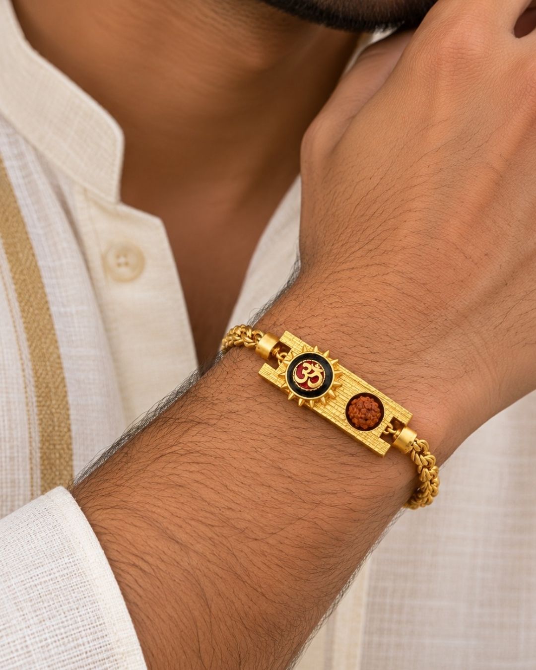 Gold Plated Men’s Bracelet with Om Symbol and Rudraksha