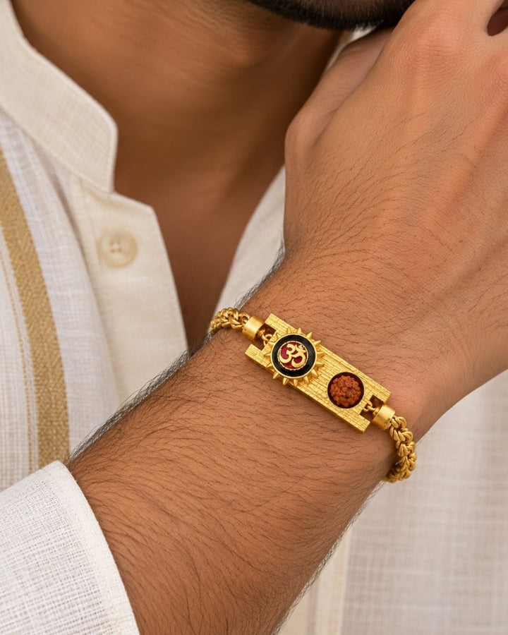 Gold Plated Men’s Bracelet with Om Symbol and Rudraksha