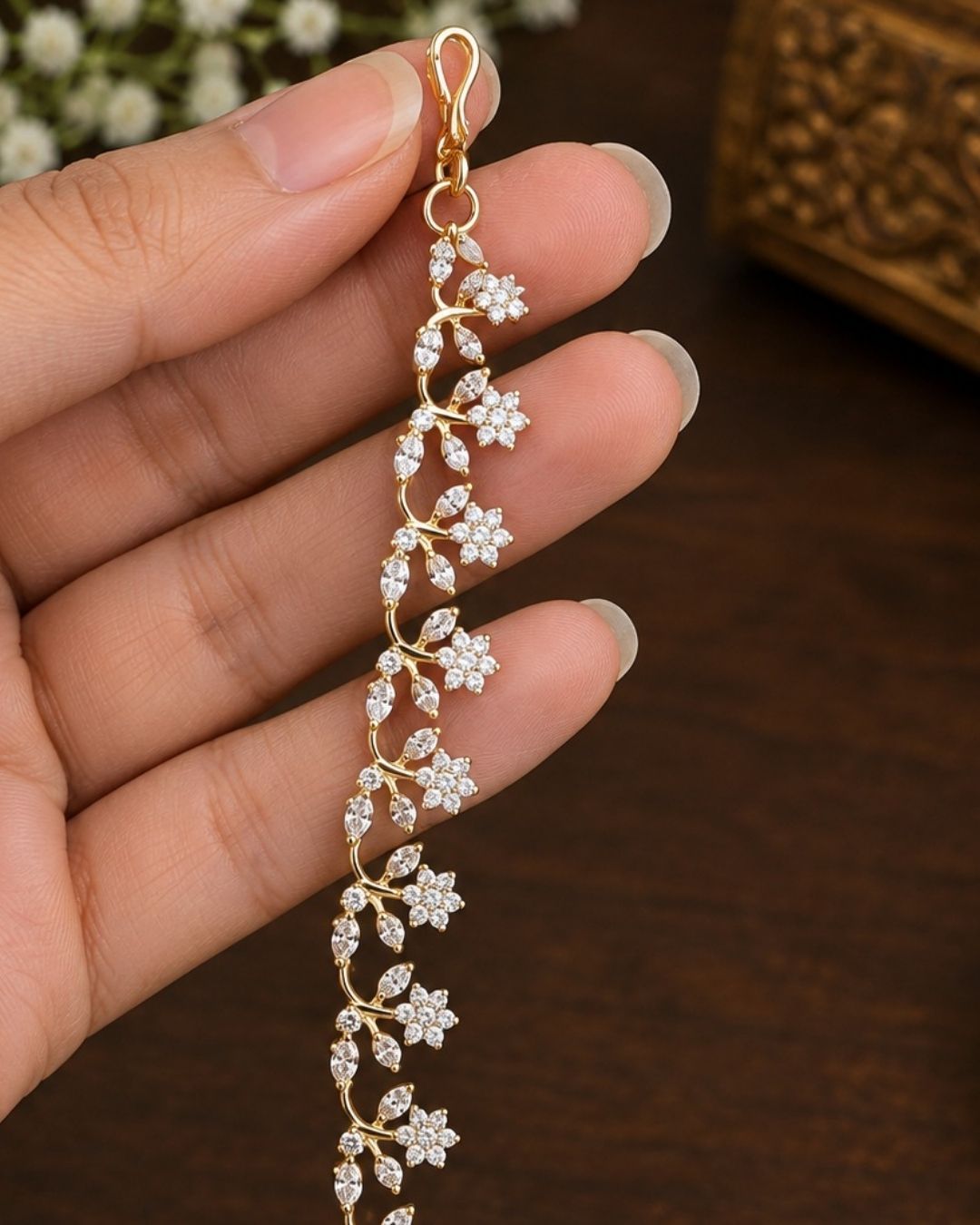 Zircon Diamond Gold Plated Flower Design Earchains