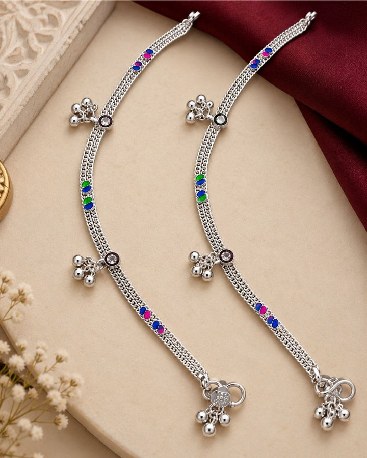 Silver Plated Multicolor Charm Anklet Set