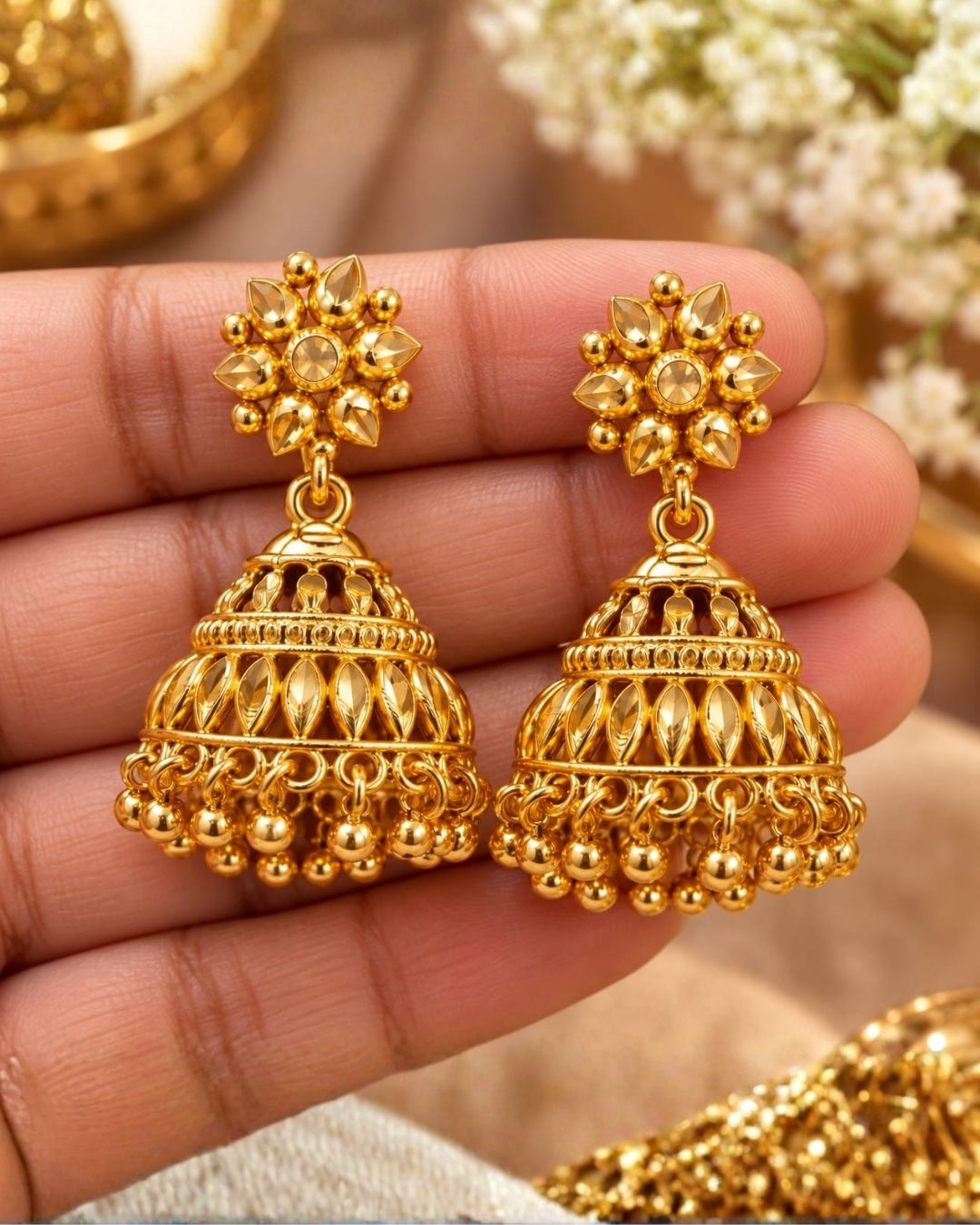 Gold Plated Floral Design Jhumka Earrings