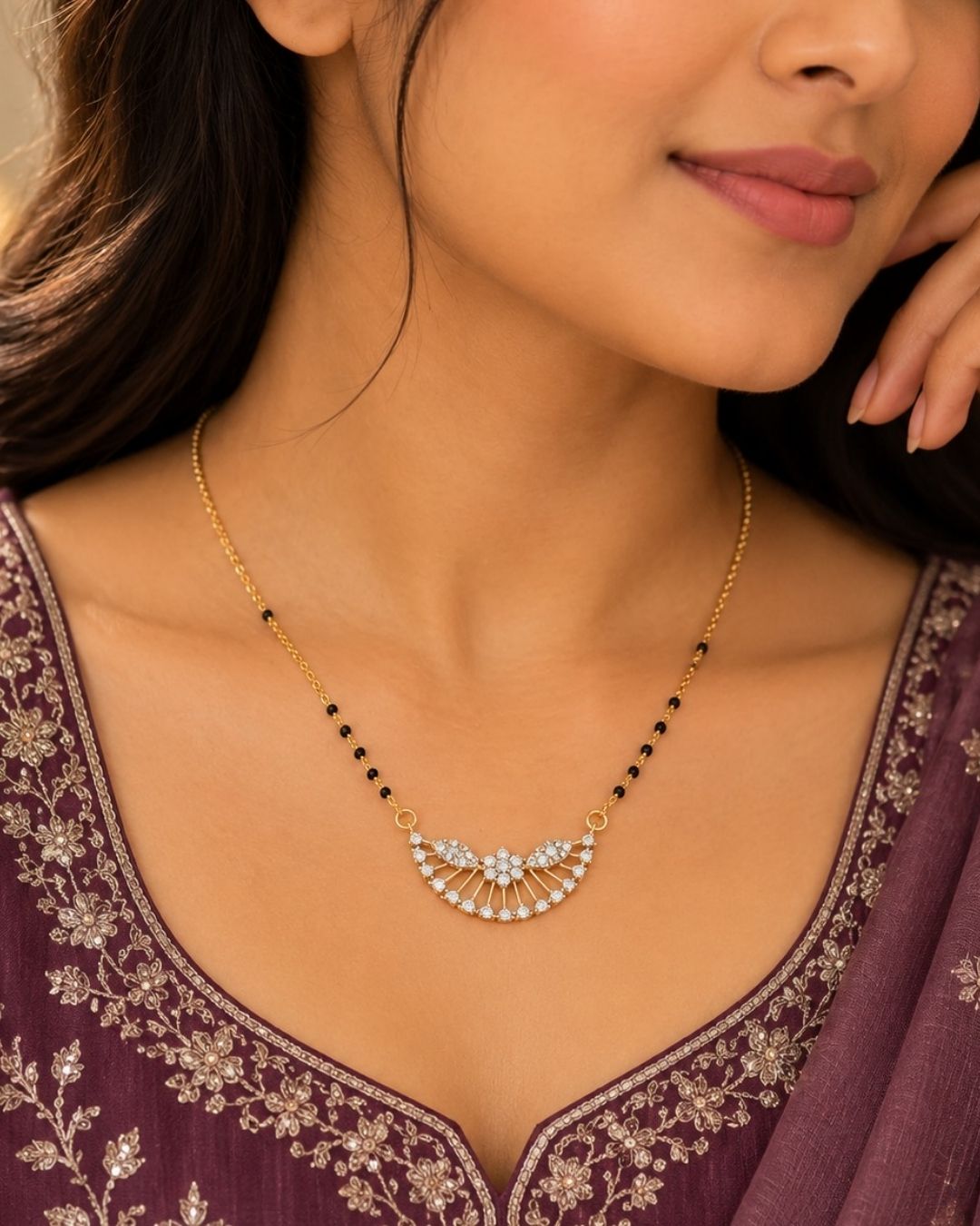 Zircon Diamond Gold Plated Semi Curve Mangalsutra