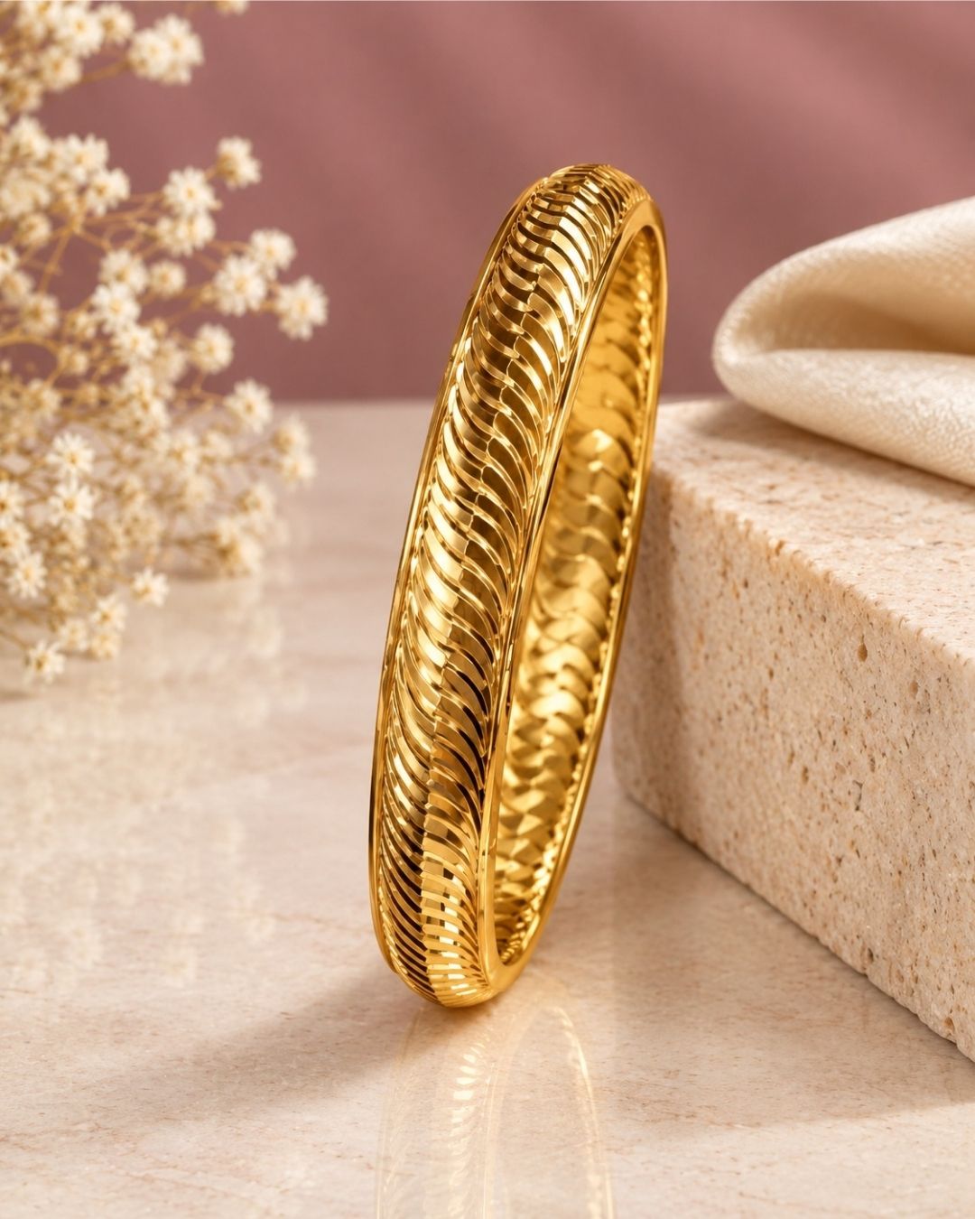 Gold Plated Modern Wavy Pattern Gold Kada for Men