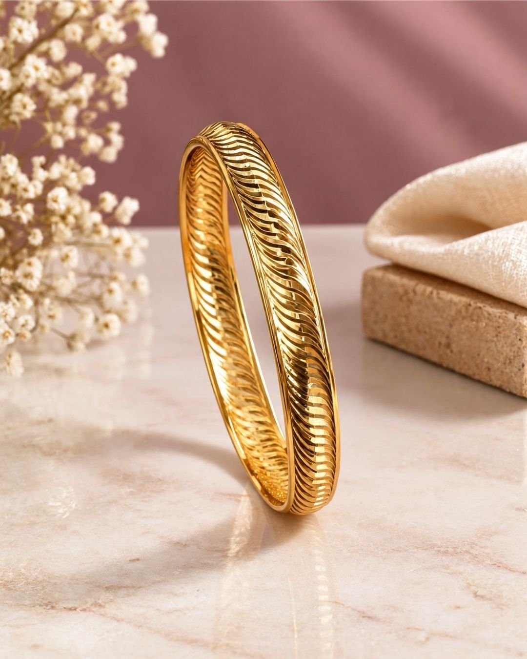 Gold Plated Modern Wavy Pattern Gold Kada for Men