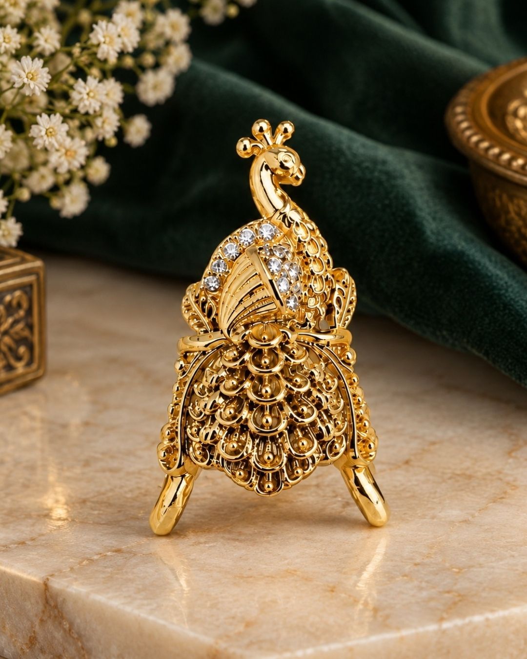 Zircon Diamond Gold Plated Adjustable Peacock Finger Ring