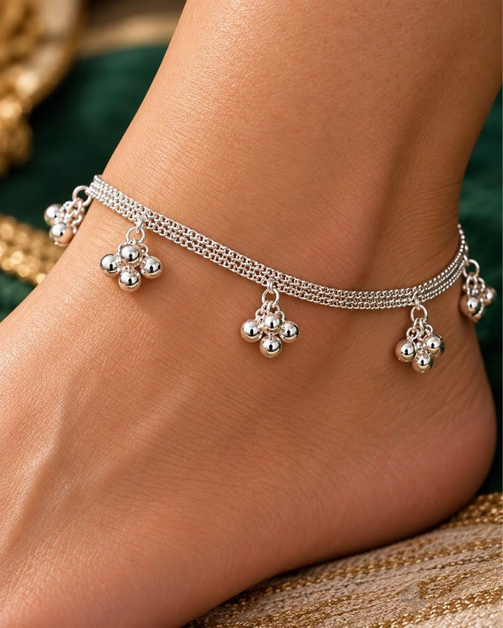 Silver Plated Designer Anklet Set with Floral Charms