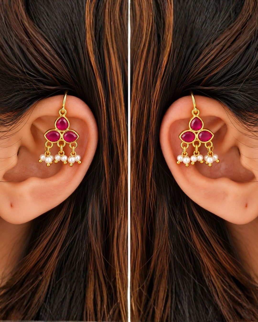 Gold Plated Bugadi with Ruby Stones and Elegant Pearl Drops
