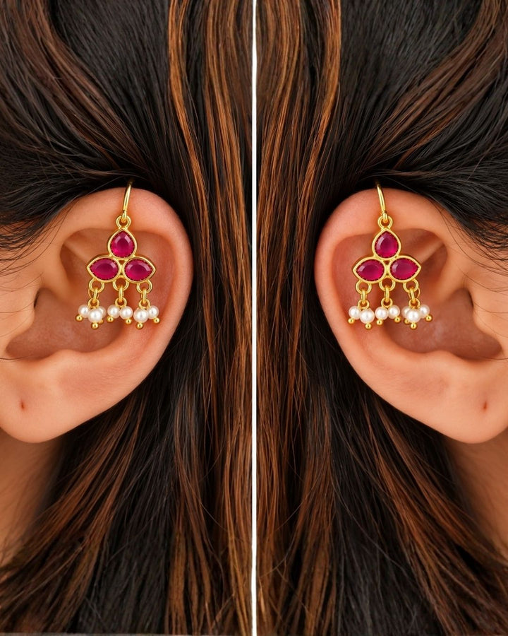 Gold Plated Bugadi with Ruby Stones and Elegant Pearl Drops