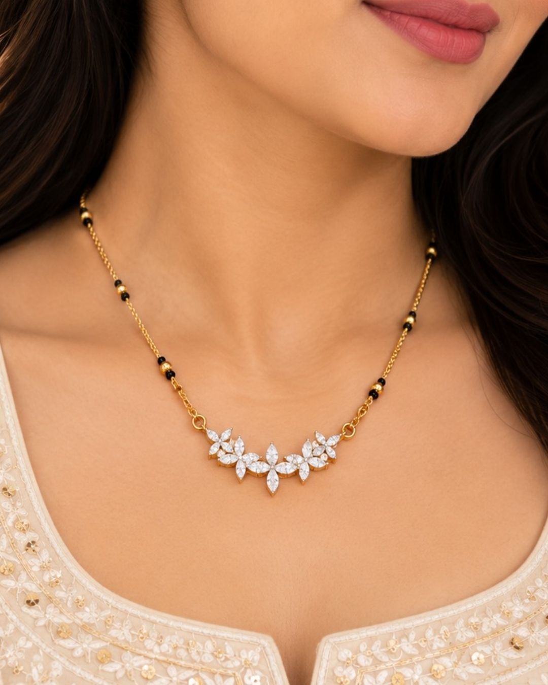 Zircon Diamond Gold Plated Floral Flower Model Mangalsutra