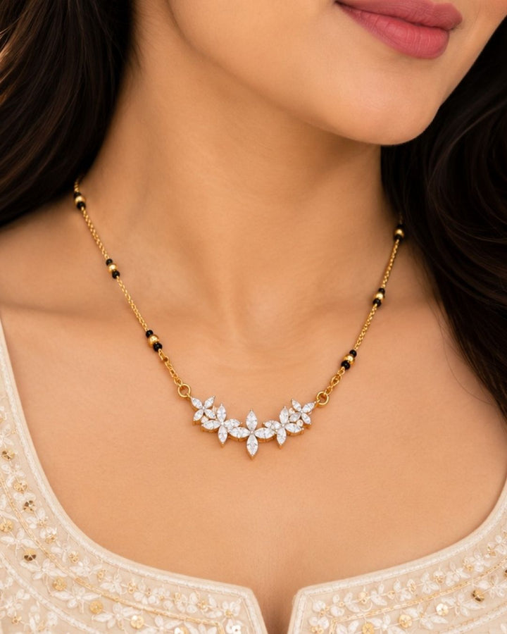 Zircon Diamond Gold Plated Floral Flower Model Mangalsutra