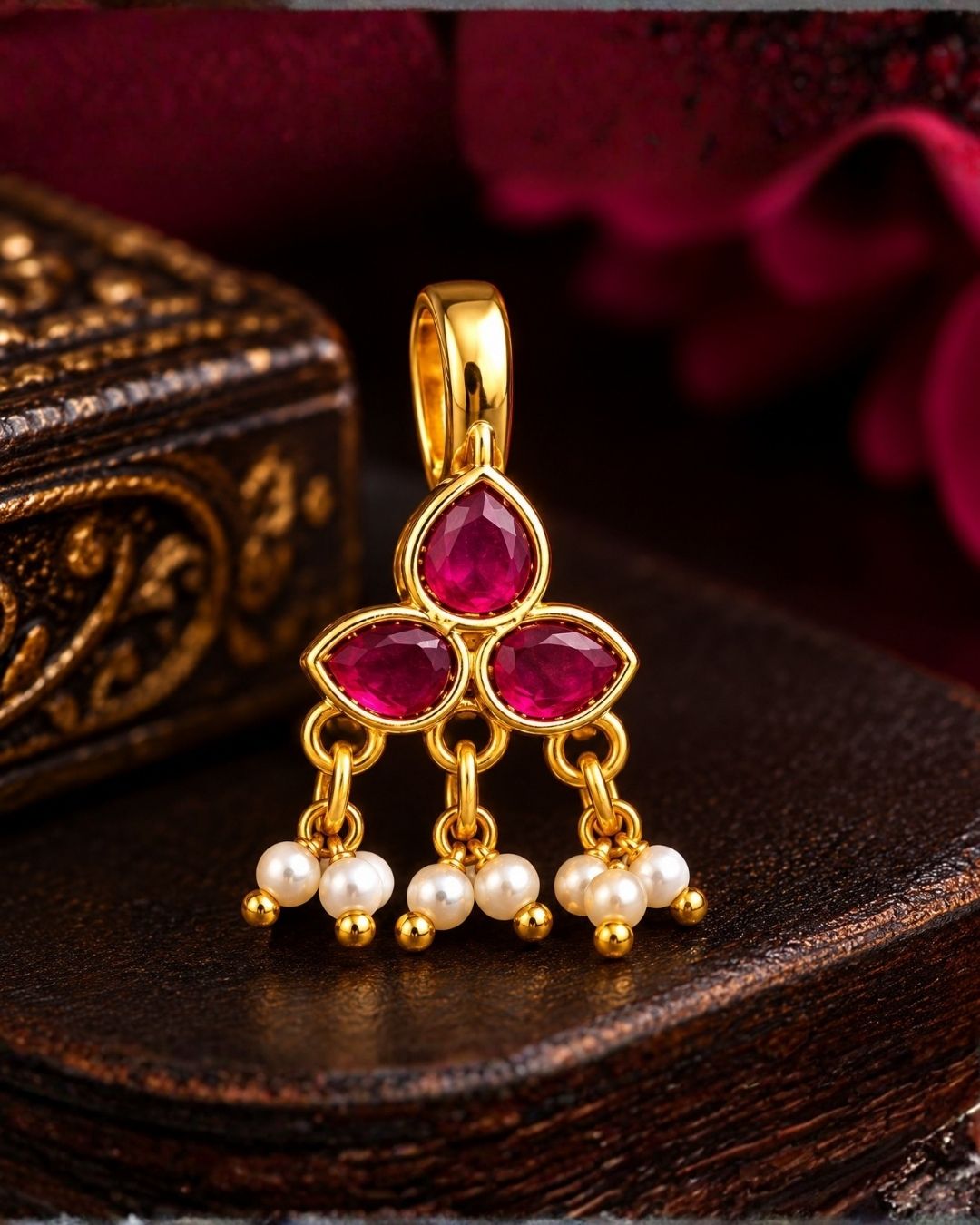 Gold Plated Bugadi with Ruby Stones and Elegant Pearl Drops