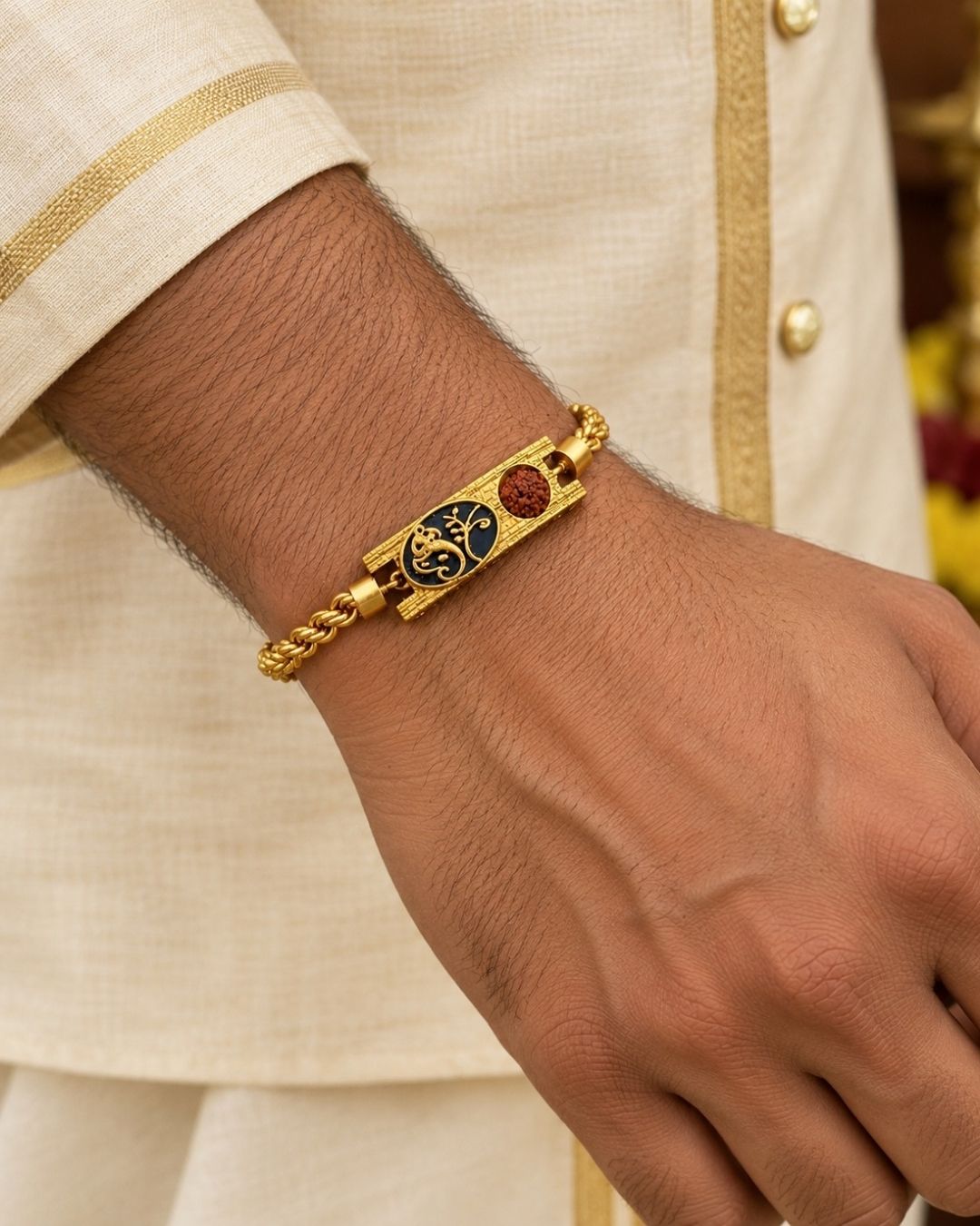 Gold Plated Men’s Bracelet with Elegant Black Enamel Center Design