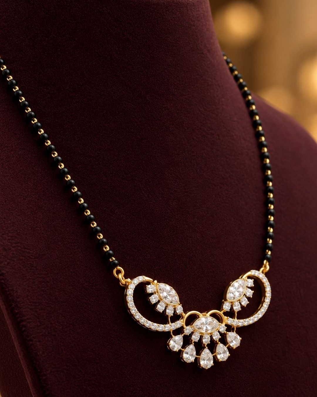 Zircon Diamond Gold Plated Classic Black Beaded Mangalsutra Set