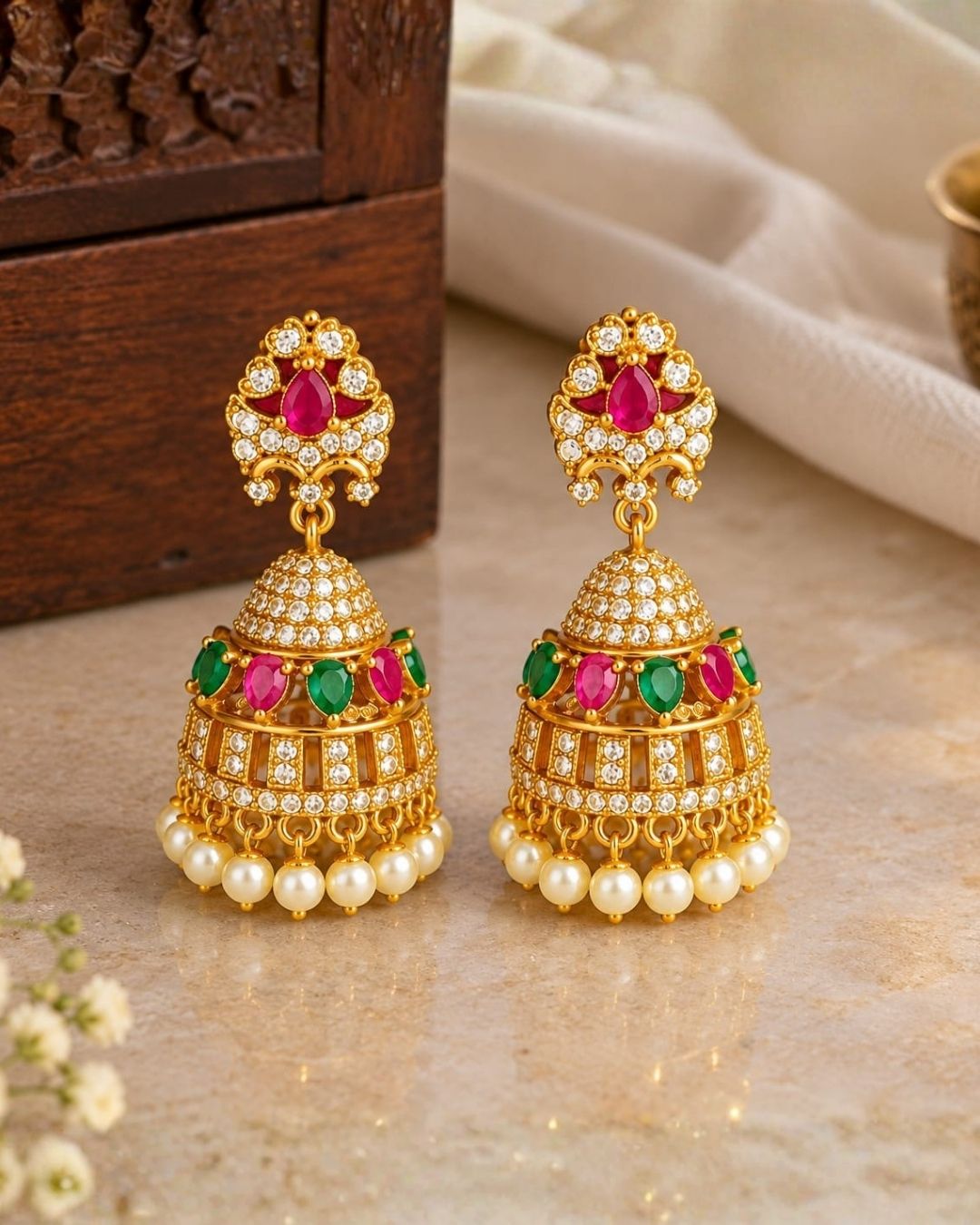 Kundan Pearl Dropes Jhumkas