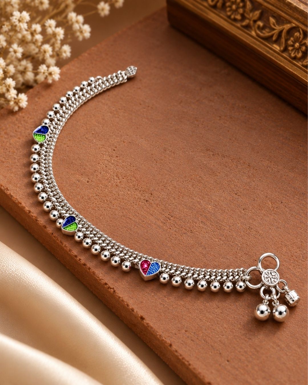 Silver Payal with Colorful Charms