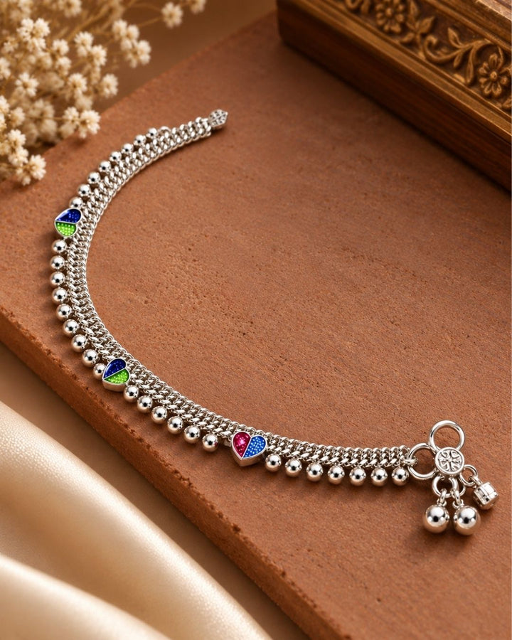 Silver Payal with Colorful Charms