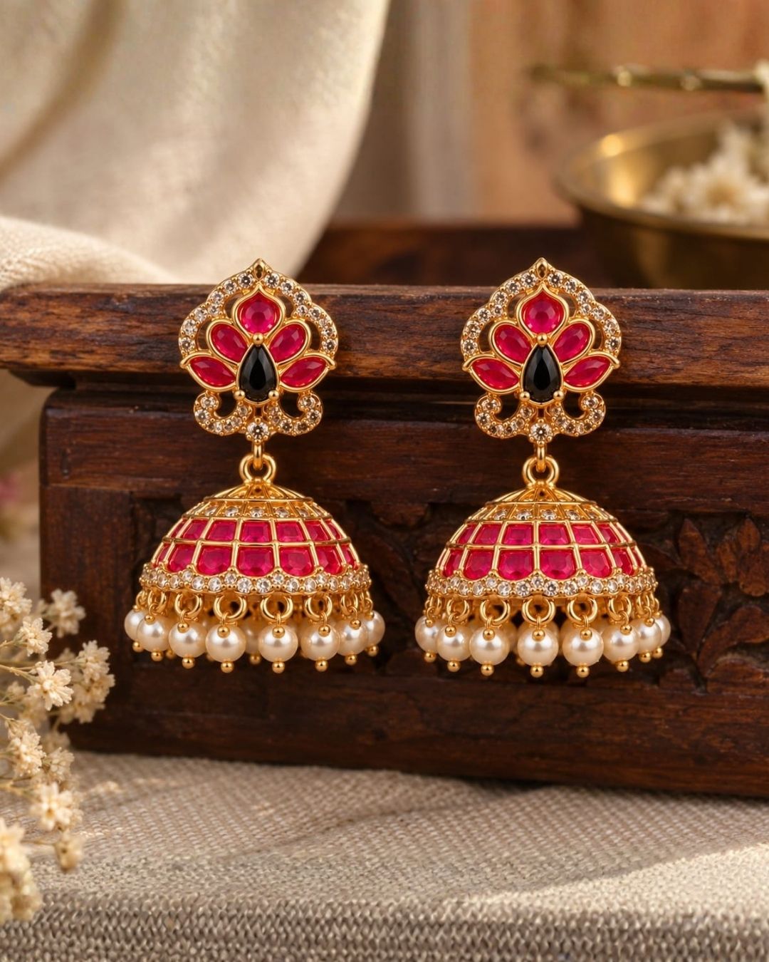 Real Kemp Gold Plated Traditional Ruby Jhumkas