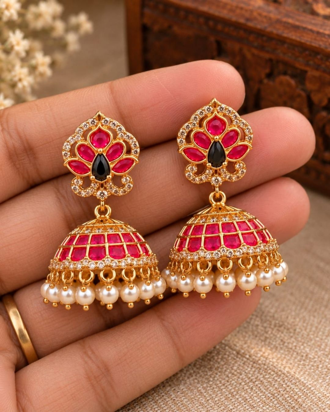 Real Kemp Gold Plated Traditional Ruby Jhumkas