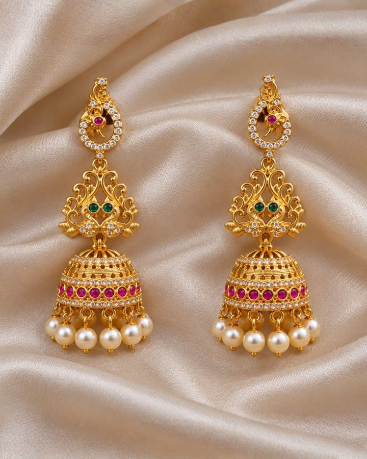 Gold Plated Peacock Pearl Drop Jhumkas