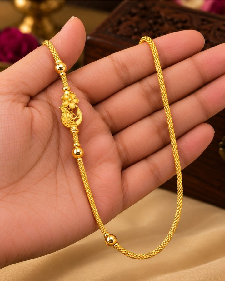 Gold Plated Thaali Chain with Traditional Floral Pendant Design