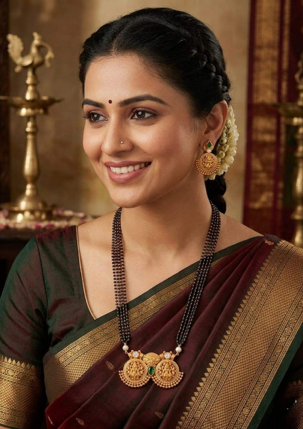 South Indian woman wearing kundan laxmi mangaslura set  designed with Goddess Lakshmi pendant, traditional black bead chain, kundan used green emrald and white pearls it is lightweight perefect for daily wear, sweat proof coating, anti-fade polish, and skin-friendly material suitable for married women, pooja functions, festivals.