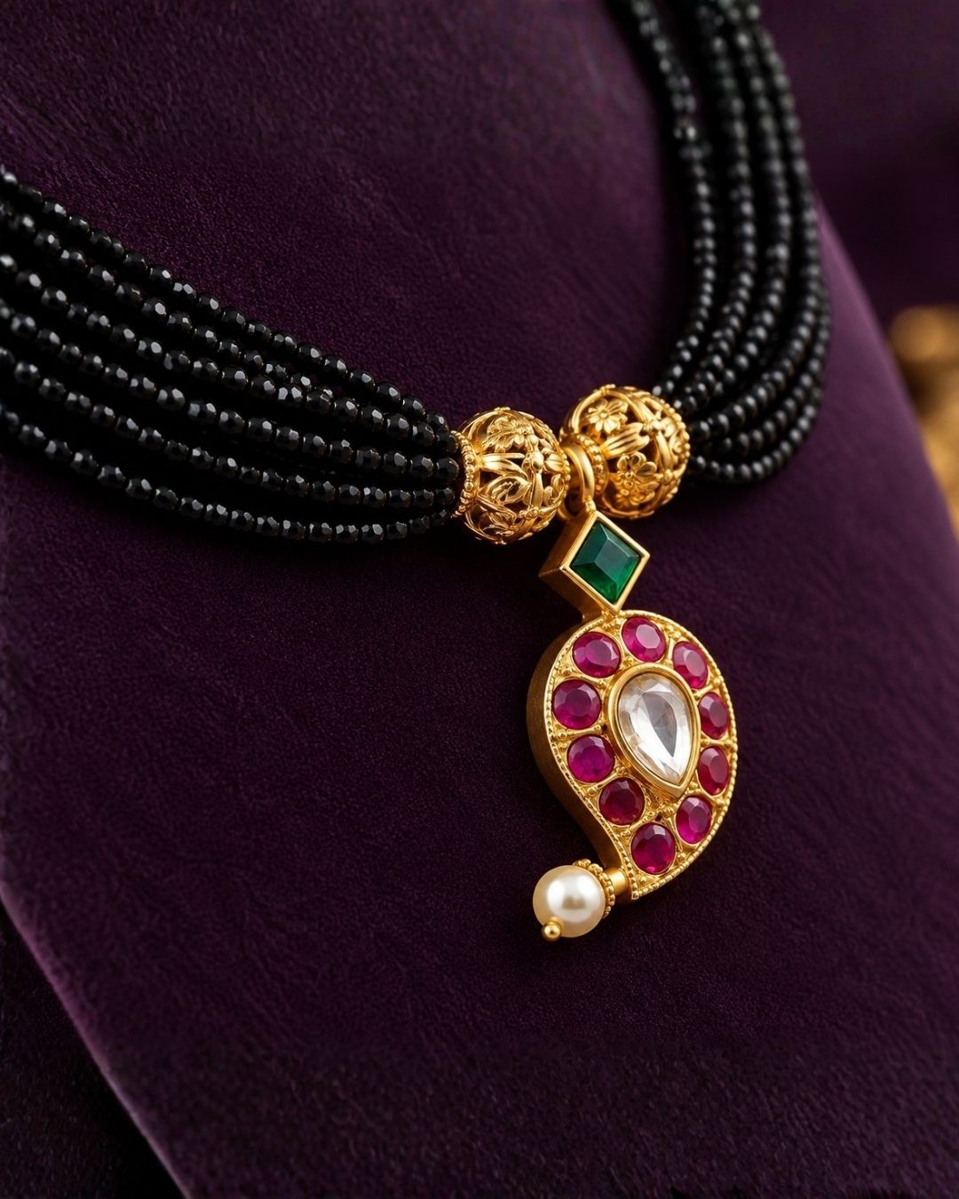 Jadau Kundan Gold Plated Mangalsutra design with traditional black bead chain, mango pendant design, kundan stone detailing, antique gold plated finish, lightweight and perfect for daily wear , pooja functions, festivals, and wedding wear.