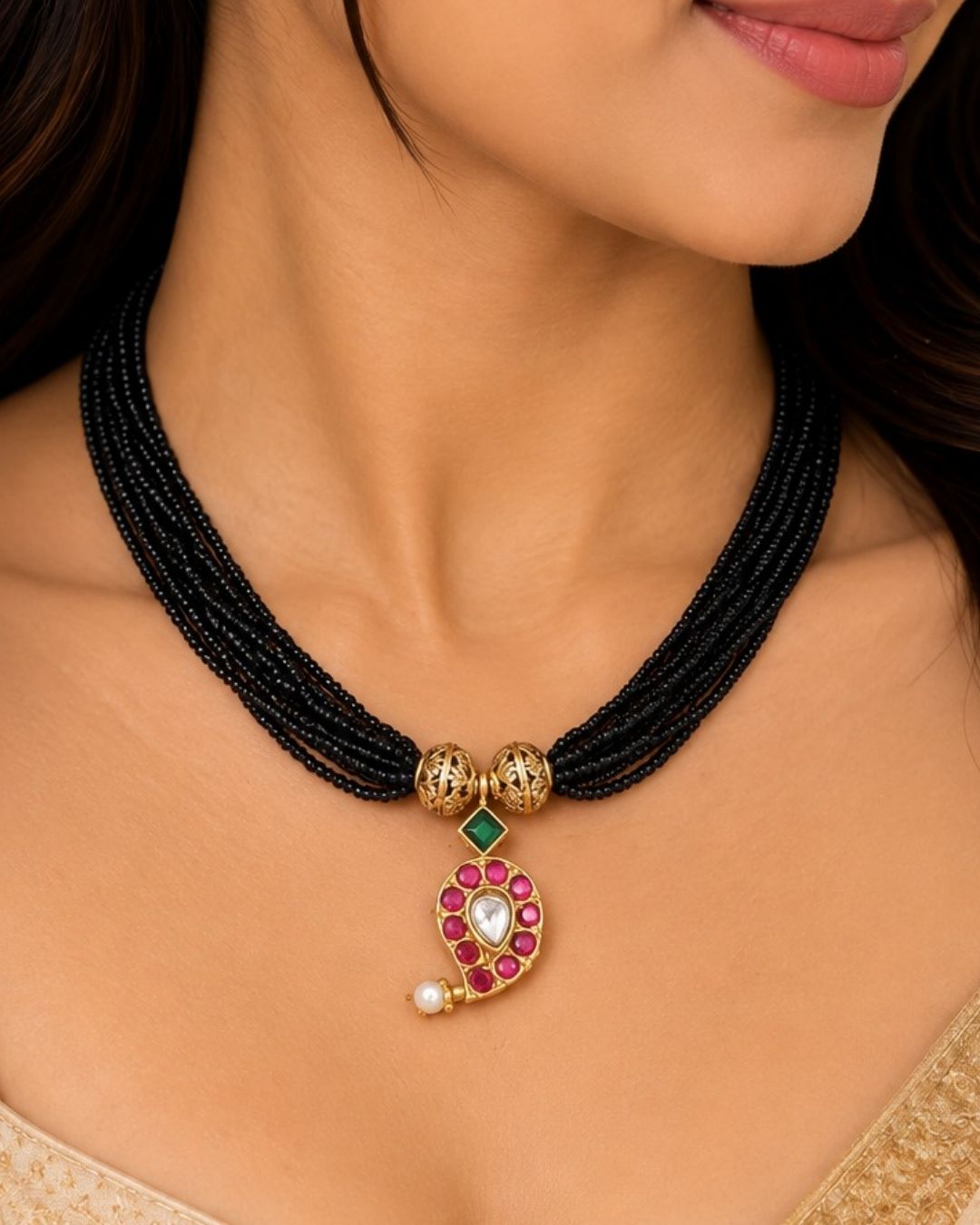 Jadau Kundan Gold Plated Mangalsutra design with traditional black bead chain, mango pendant design, kundan stone detailing, antique gold plated finish, lightweight and perfect for daily wear , pooja functions, festivals, and wedding wear.