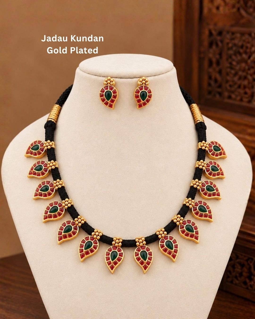 Jadau Kundan Gold Plated Black Thread Necklace With Earrings Model Pic