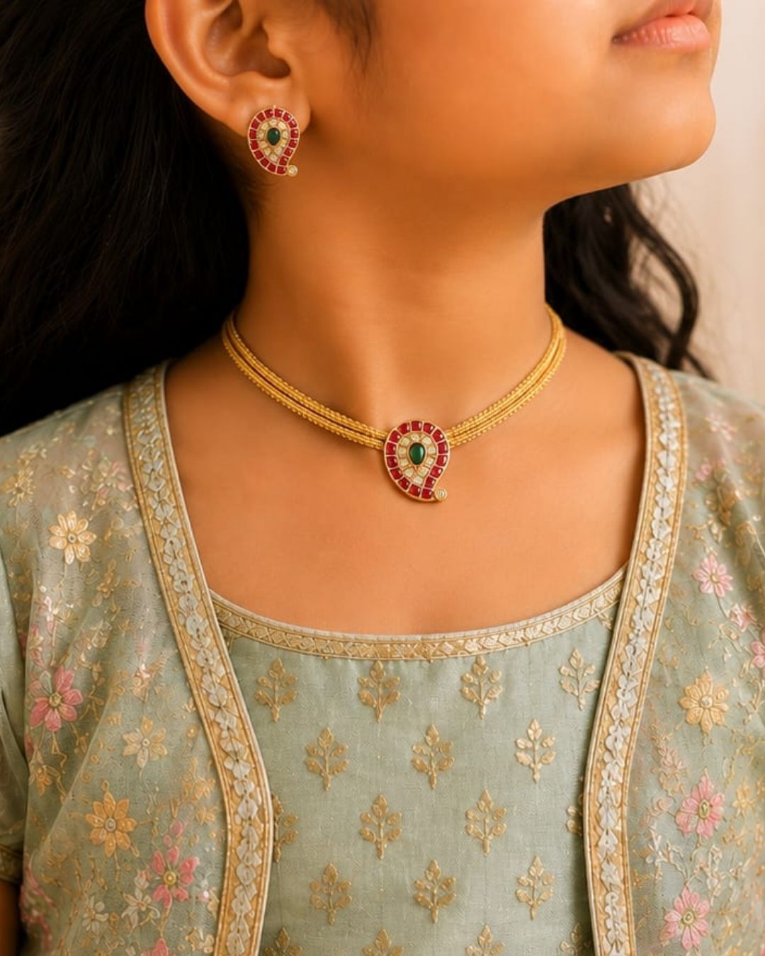 Beautiful Jadau Kundan gold plated pendant necklace set featuring a paisley motif with ruby red stones, a green center stone, sparkling kundan work, and matching earrings. Perfect for weddings, festivals, temple visits, traditional outfits, family functions, and premium gifting.