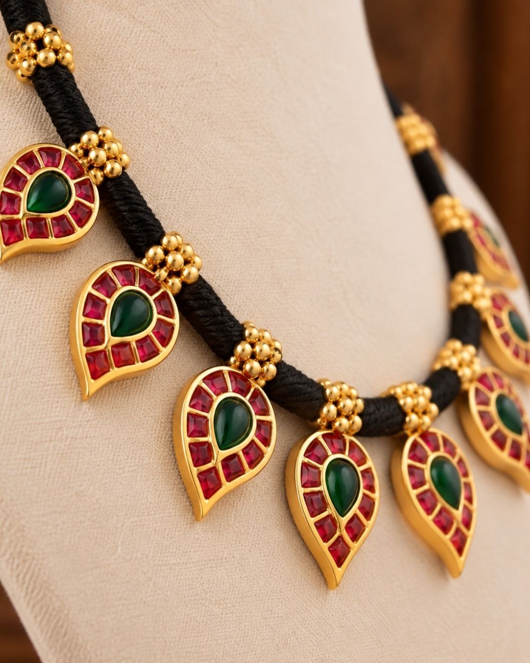 Jadau Kundan Gold Plated Black Thread Necklace With Earrings White Background 