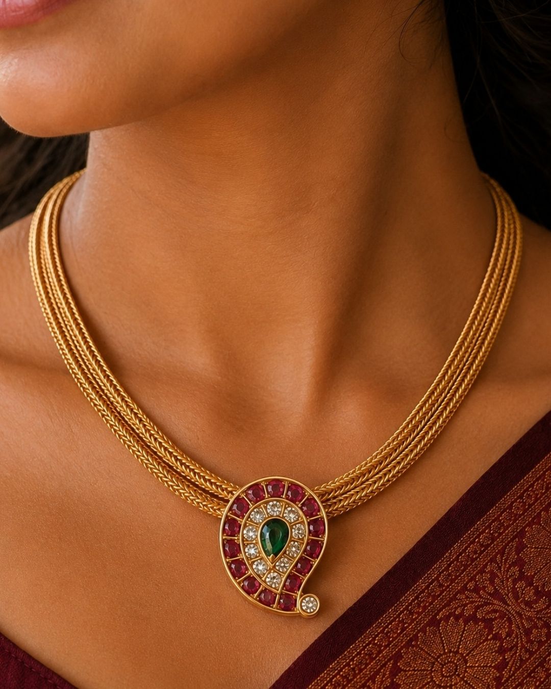 Beautiful Jadau Kundan gold plated pendant necklace set featuring a paisley motif with ruby red stones, a green center stone, sparkling kundan work, and matching earrings. Perfect for weddings, festivals, temple visits, traditional outfits, family functions, and premium gifting.