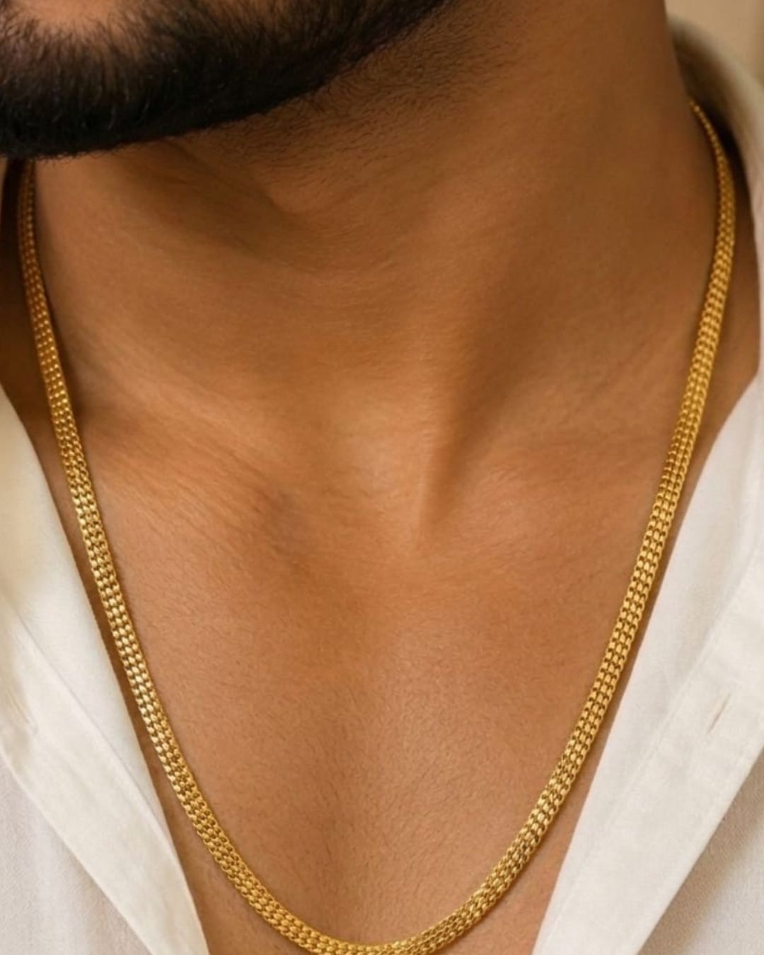 Beautiful sleek gold plated snake chain necklace with a smooth woven texture. Perfect for daily wear, layering with pendants, traditional outfits, festive occasions, and gifting.