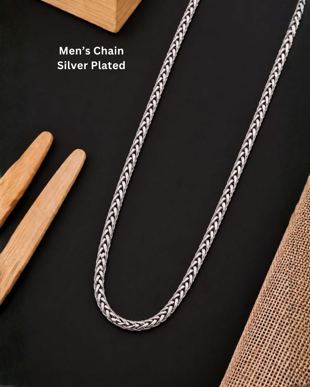 Elegant silver plated men’s necklace with a bold braided chain pattern, polished finish, and modern look.