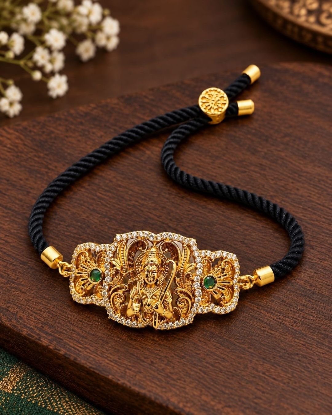 Traditional gold plated men’s bracelet featuring an intricately detailed Lord Hanuman centerpiece, black twisted thread band, sparkling stone borders, green stone accents, and adjustable detailing, perfect for spiritual, traditional, and everyday wear.