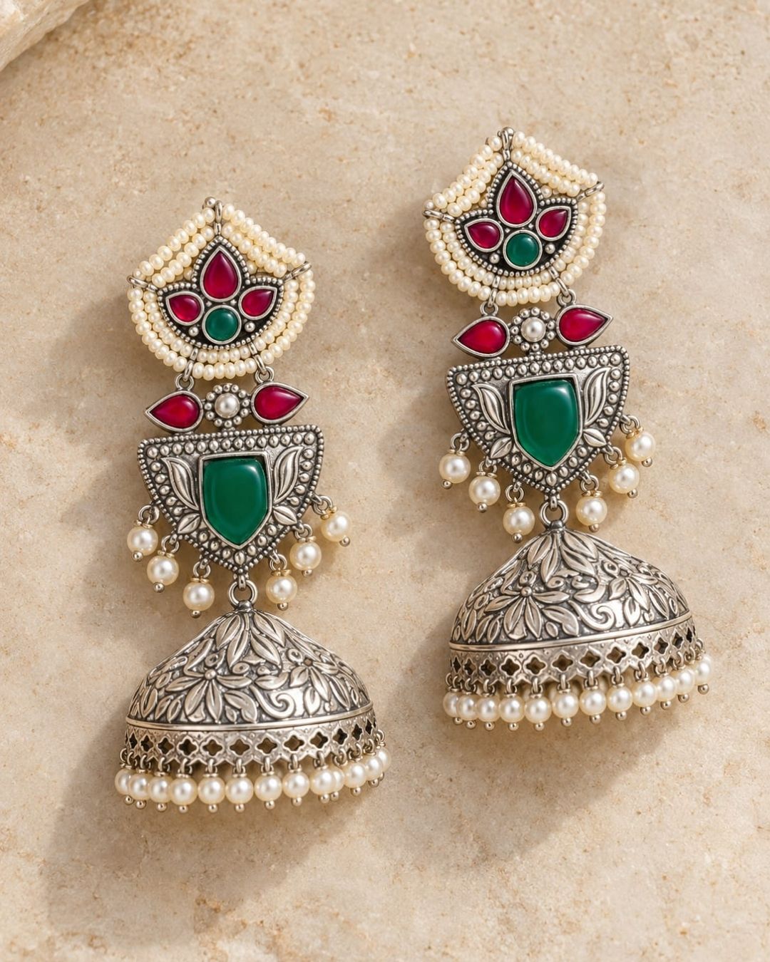 Rajsi Gold Plated Emerald &amp; Ruby Shield Drops Earrings
