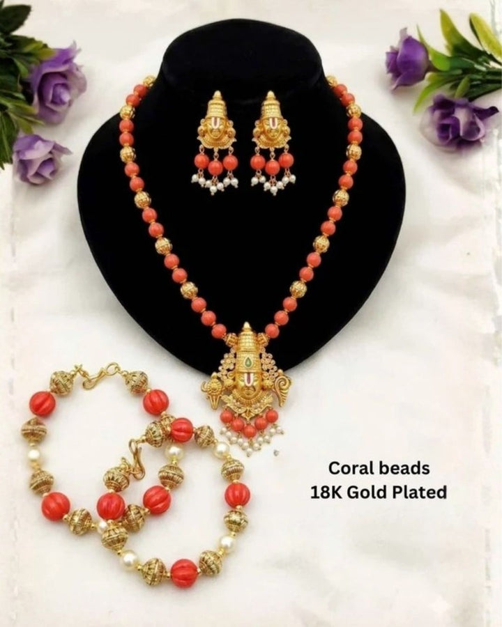 Kundan Gold Plated Balaji Coral Beads Necklace Set
