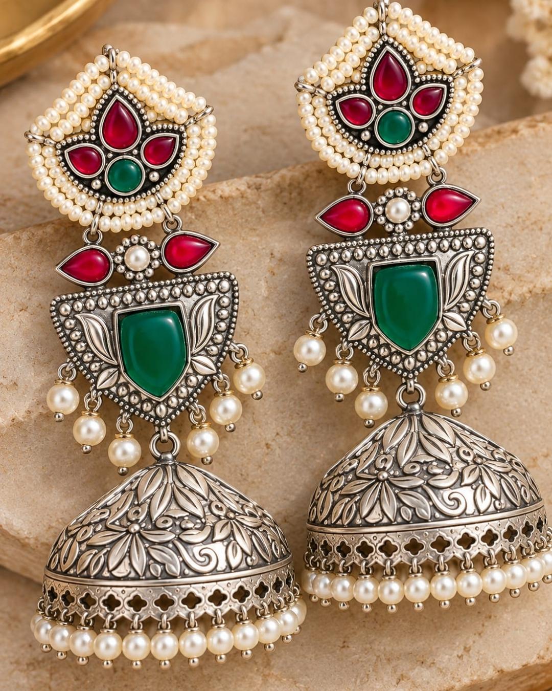 Rajsi Gold Plated Emerald &amp; Ruby Shield Drops Earrings